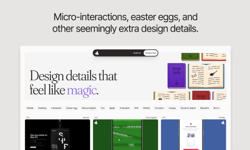 마이크로 인터랙션, 이스터 에그 등 웹에 생명력과 개성, 재미를 불어넣는 디자인 디테일들을 모아놓은 웹 서비스